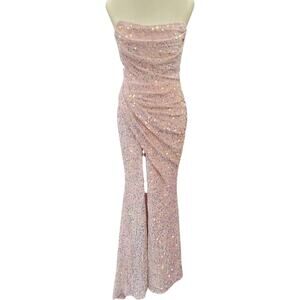 NWT Light Pink Strapless Sequin Evening Gown with Corset Back on Velvet Fabric